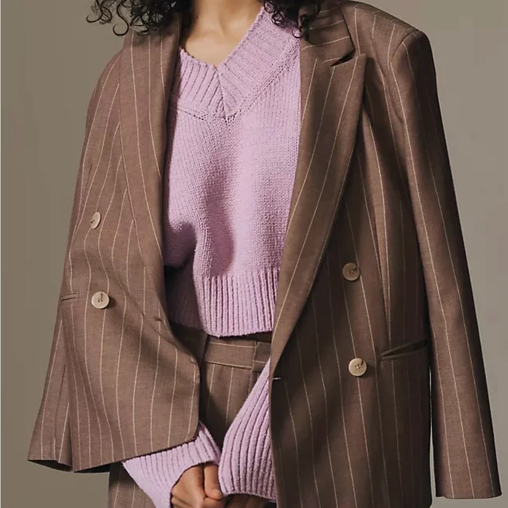 Anthropologie Brown Double Breasted Striped Blazer XXS - Picture 3 of 10